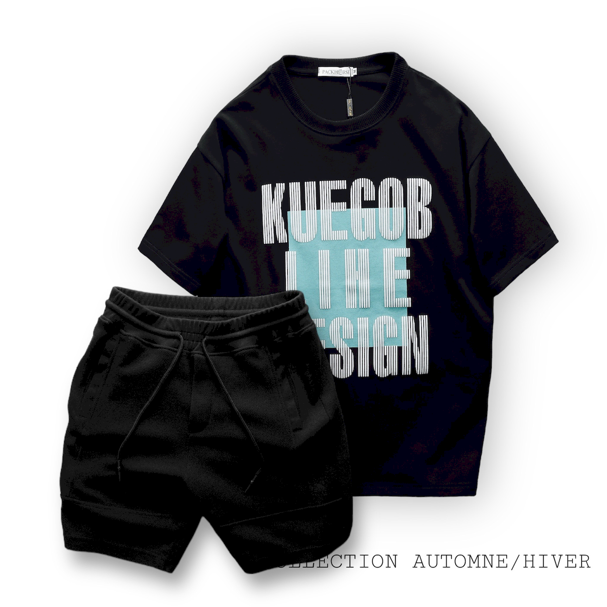 Tổng thể set áo thun in chữ phối quần short tông đen