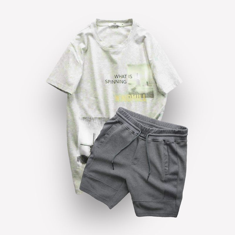 Set bộ nam quần short thun phối áo cổ tròn in hình