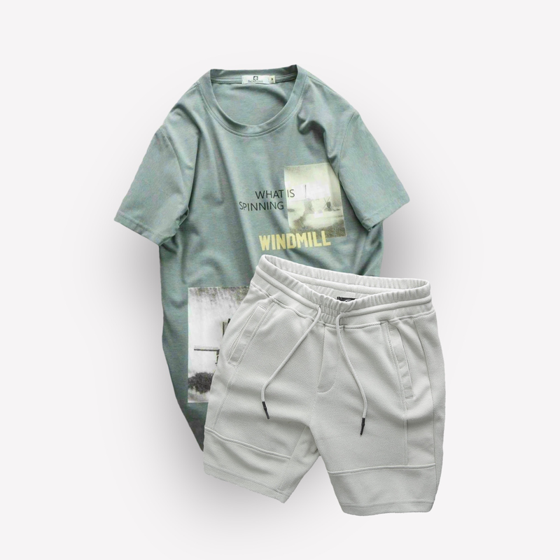 Set bộ nam quần short thun phối áo cổ tròn in hình