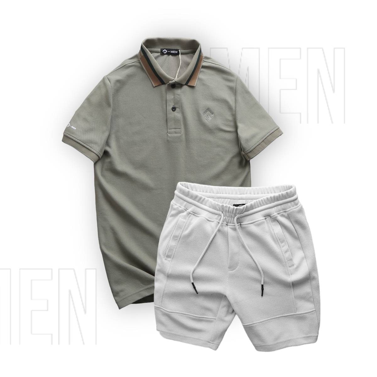 Tổng thể set áo polo cổ bẻ phối quần short sáng màu