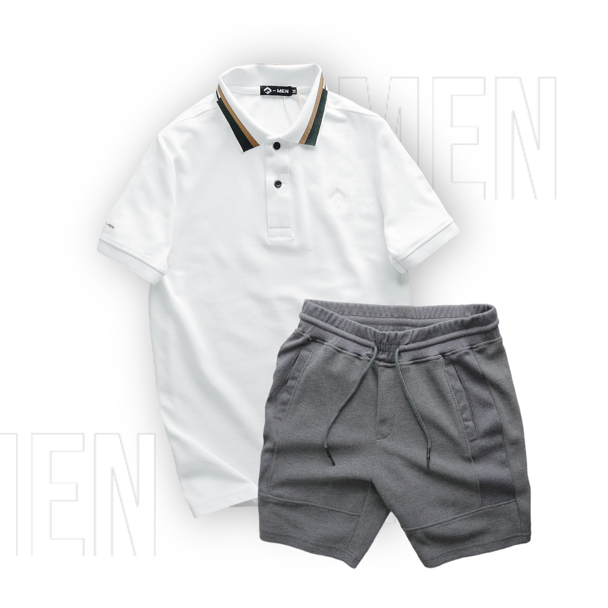 Set Bộ Nam Quần Short Thun Viền Sọc Phối Áo Thun Polo Cổ Bẻ Thêu Chữ G