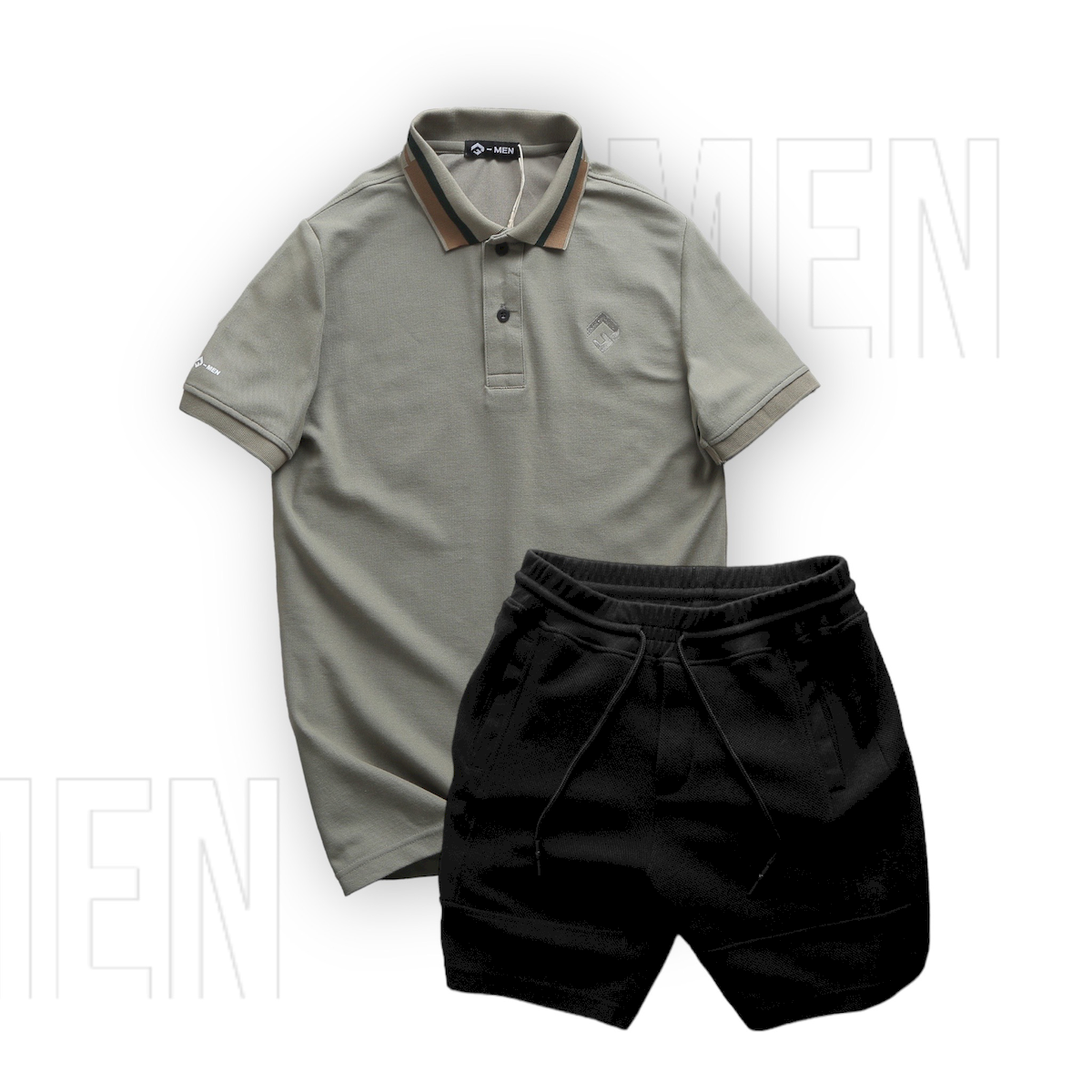 Set Bộ Nam Quần Short Thun Viền Sọc Phối Áo Thun Polo Cổ Bẻ Thêu Chữ G
