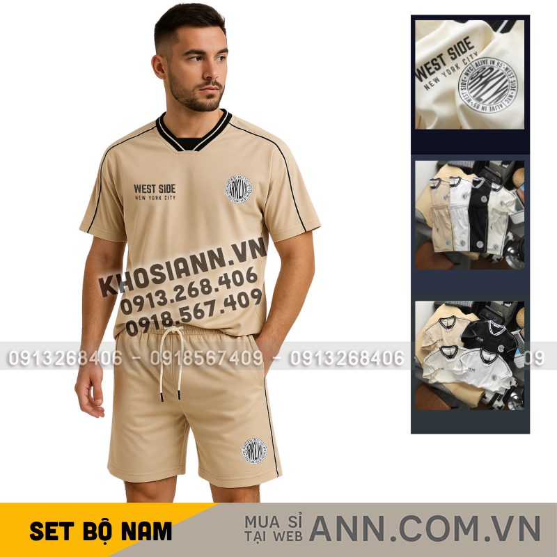 Mẫu mặc thực tế với áo in logo và quần short đồng bộ