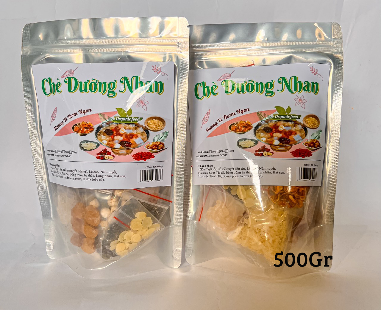 Túi zipper 500g, nhìn rõ các gói nguyên liệu tách riêng bên trong
