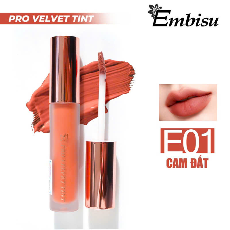 Ảnh swatch Pro Velvet Tint mã E01 Cam đất kèm cọ son và màu trên môi