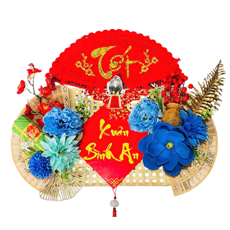 Mẫu phối quạt giấy đỏ, nền tre và hoa xanh nổi bật