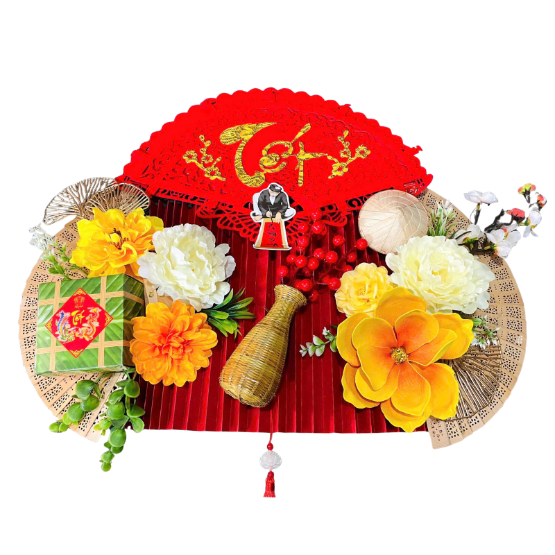 Set mành tre giấy đỏ có dây treo, quạt ráp sẵn trang trí Tết