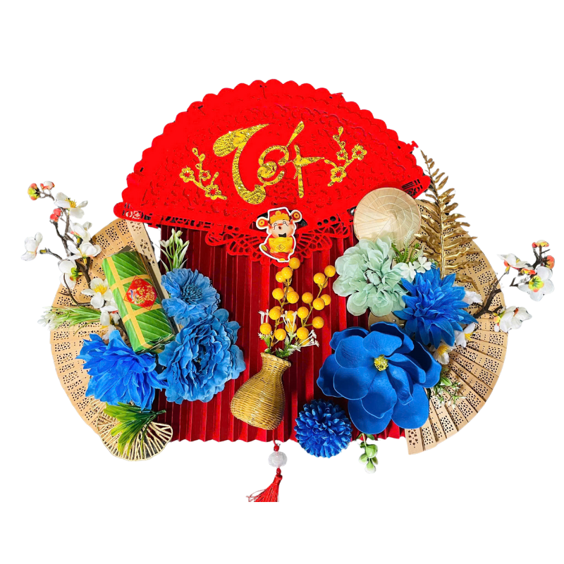 Set mành tre giấy đỏ có dây treo, quạt ráp sẵn trang trí Tết