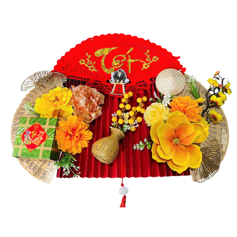 Set mành tre giấy đỏ có dây treo, quạt ráp sẵn trang trí Tết