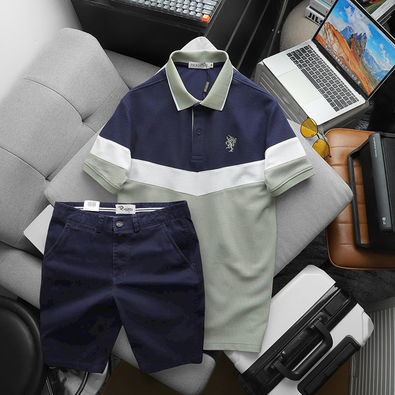 Set Bộ Nam Áo Polo Phối Ba Màu Thêu Logo Trước Ngực + Quần Short Kaki Cao Cấp Có Size 3X