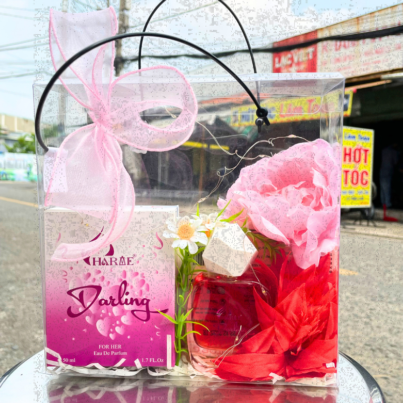 Tổng thể set quà trong túi vuông trong suốt phối nơ và hoa trang trí