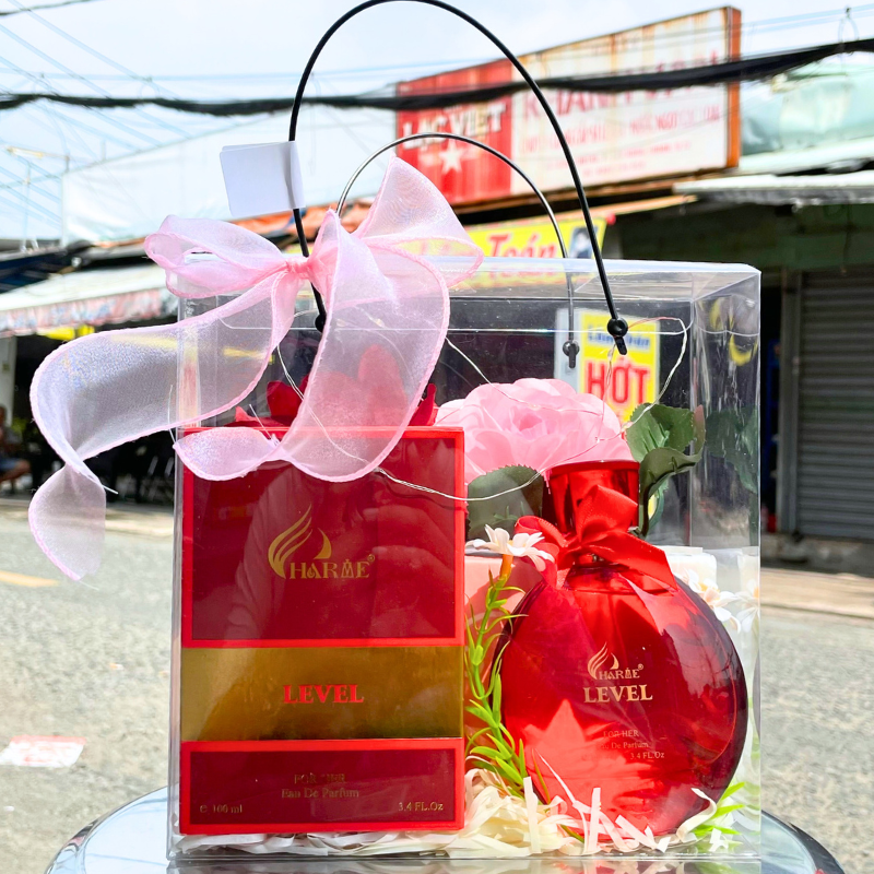 Mặt trước set quà với túi trong vuông, nơ thắt và chai nước hoa 100ml
