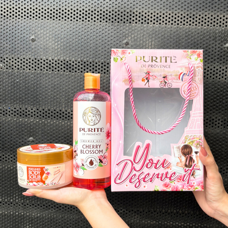 Set quà tặng Purité De Prôvence sữa tắm & tẩy tế bào chết body hương hoa anh đào