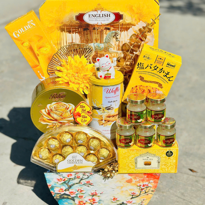 Tổng thể set quà với nhiều món được phối trong cùng một giỏ
