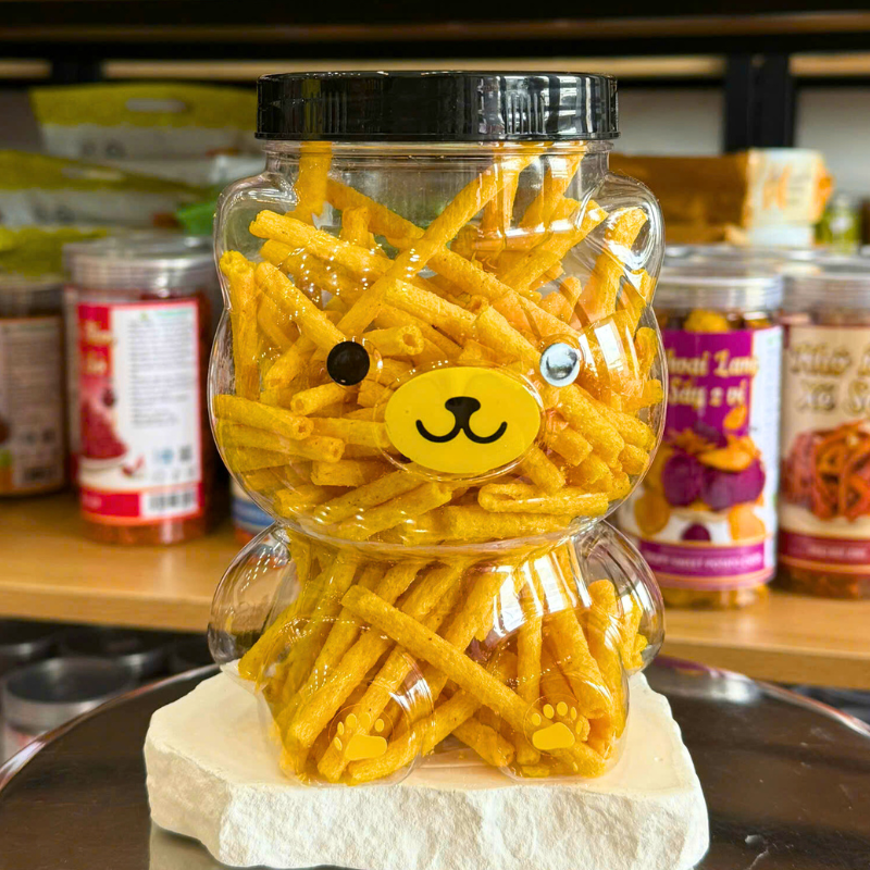 Hũ gấu lớn đựng snack dạng que ống vàng