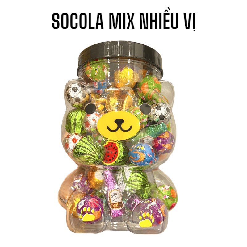 Hũ nhựa hình gấu chứa nhiều viên socola gói riêng