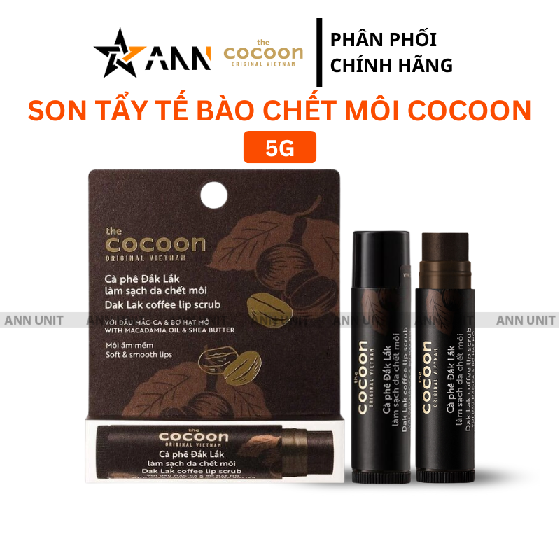 Bao bì và thỏi son tẩy tế bào chết môi tông nâu chủ đề cà phê Đắk Lắk