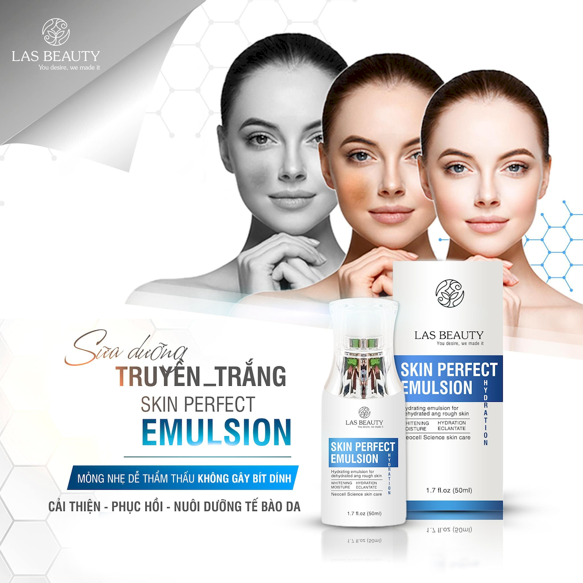 Bao bì Skin Perfect Emulsion với thiết kế chai và hộp đồng bộ