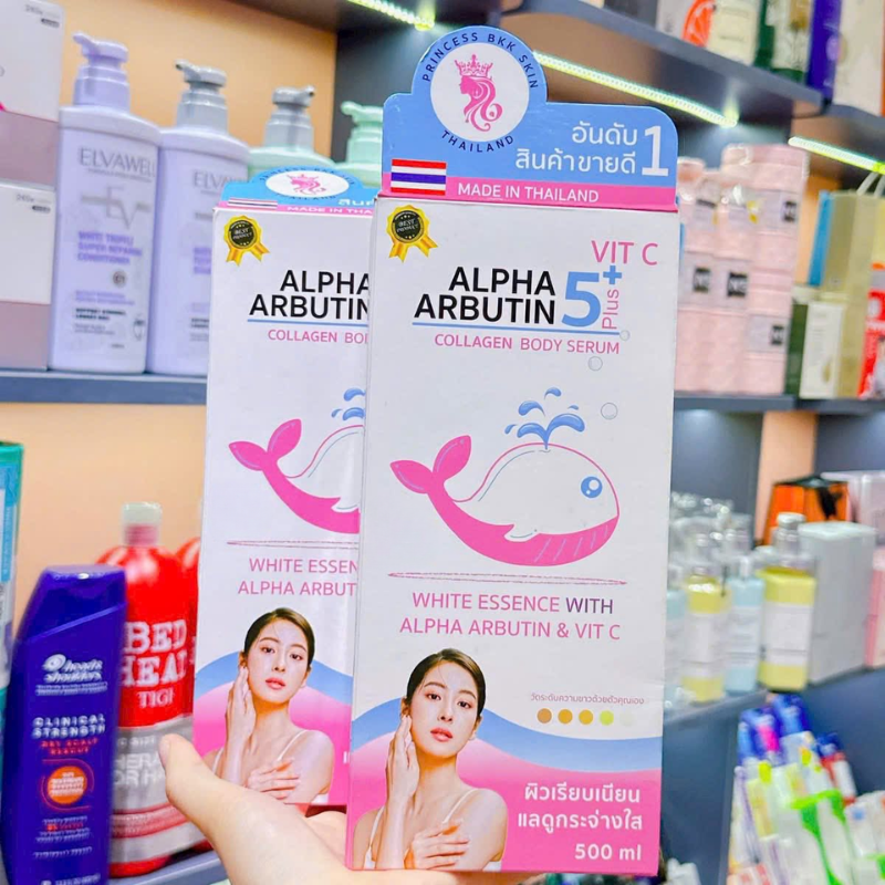 Hộp và chai đặt cạnh nhau, mặt trước hiện rõ Made in Thailand và 500 ml