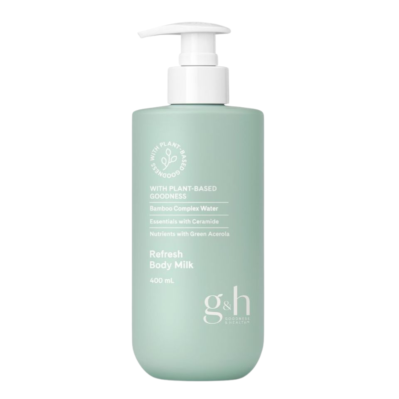 Chai xanh mint vòi pump trắng với tên Refresh Body Milk ở mặt trước