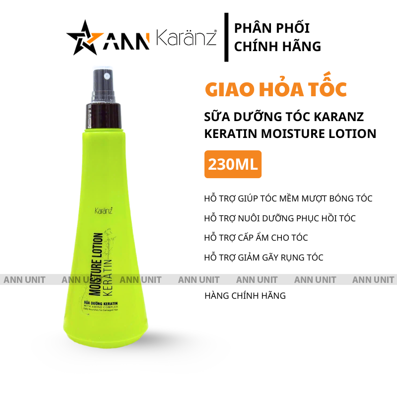 Hình giới thiệu dung tích 230ml và dạng sữa dưỡng xịt Karanz