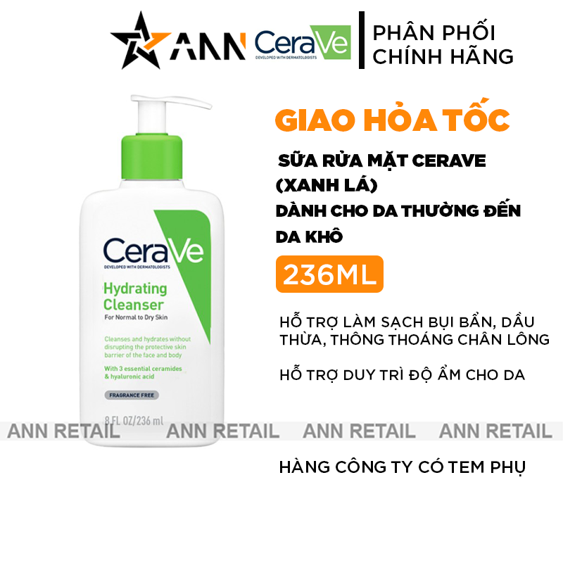 Thiết kế chai pump xanh lá, thông tin dung tích 236ml và dòng Hydrating Cleanser