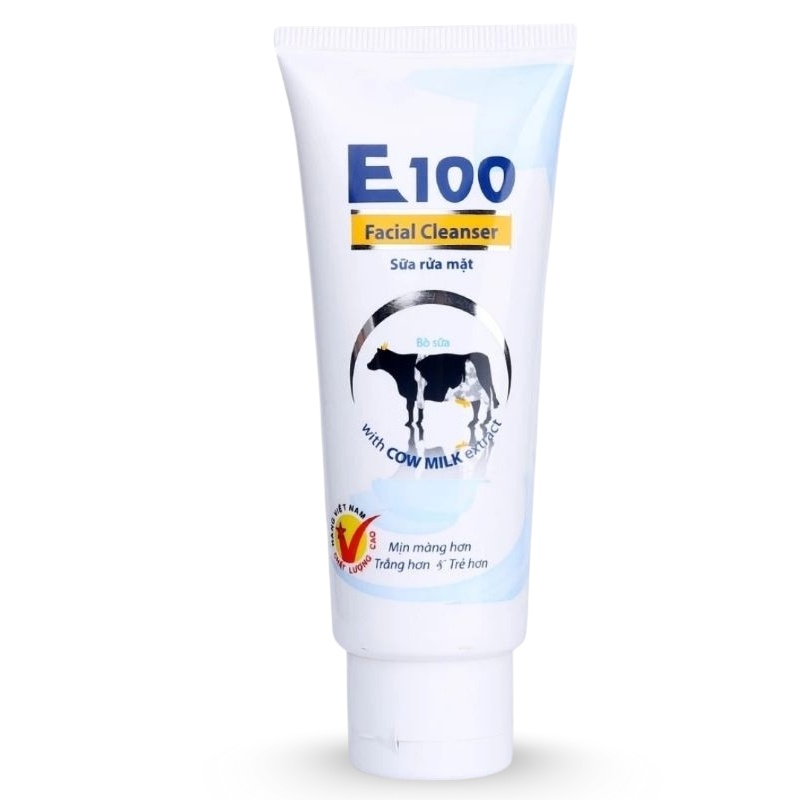 Mặt trước tuýp trắng xanh với chữ E100 và hình bò sữa