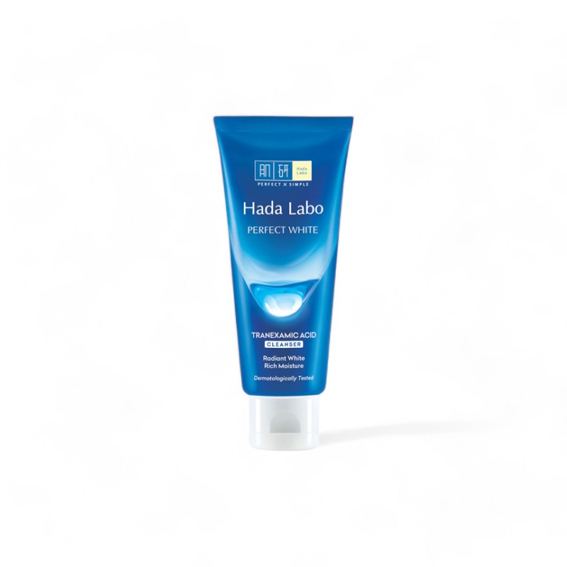 Tuýp xanh dương ghi rõ Perfect White và Tranexamic Acid Cleanser