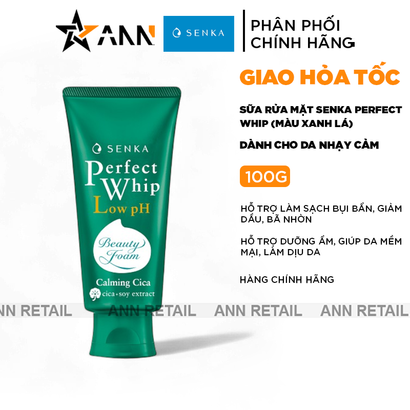 Sữa Rửa Mặt Senka Perfect Whip Low pH Calming Cica Màu Xanh Lá 100g