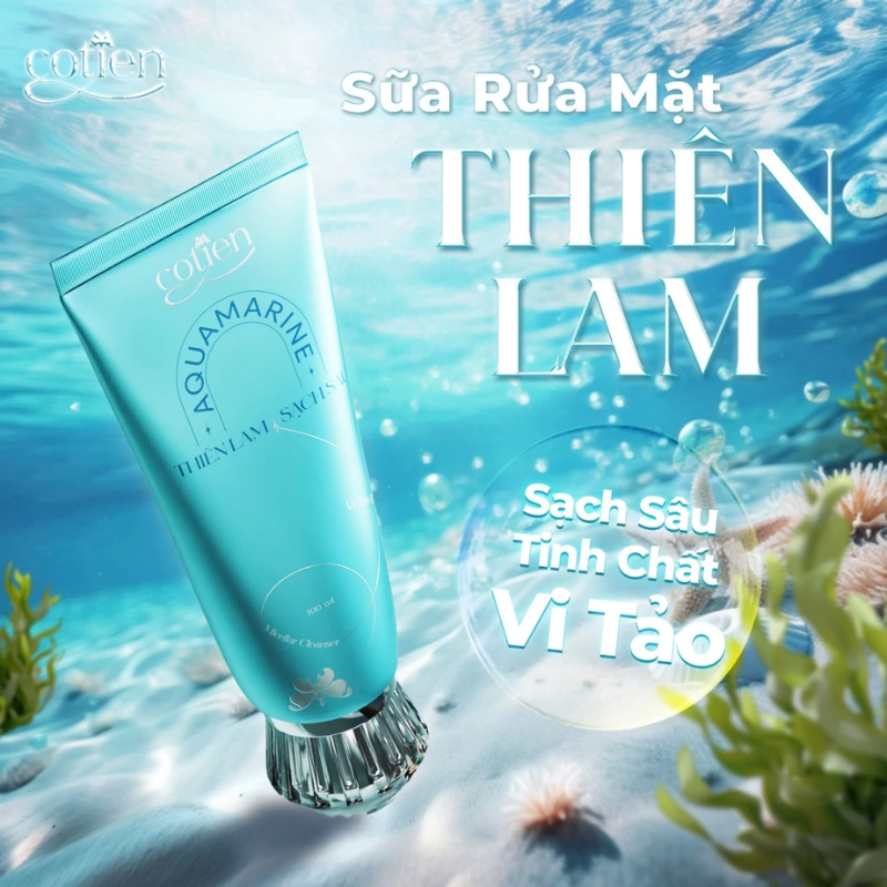 Tuýp màu xanh Aquamarine với dòng chữ “Sạch Sâu Tinh Chất Vi Tảo” nổi bật