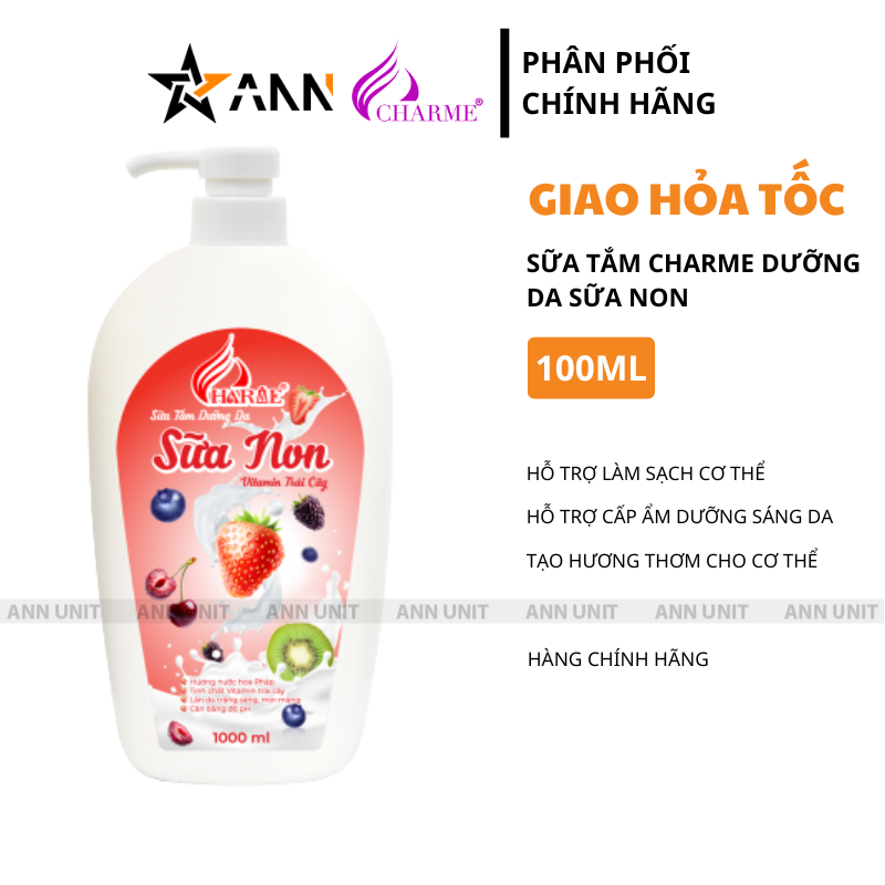 Sữa Tắm Charme Sữa Non Vitamin Trái Cây Hỗ Trợ Cấp Ẩm Dưỡng Sáng Da 1000ml 1 Lít