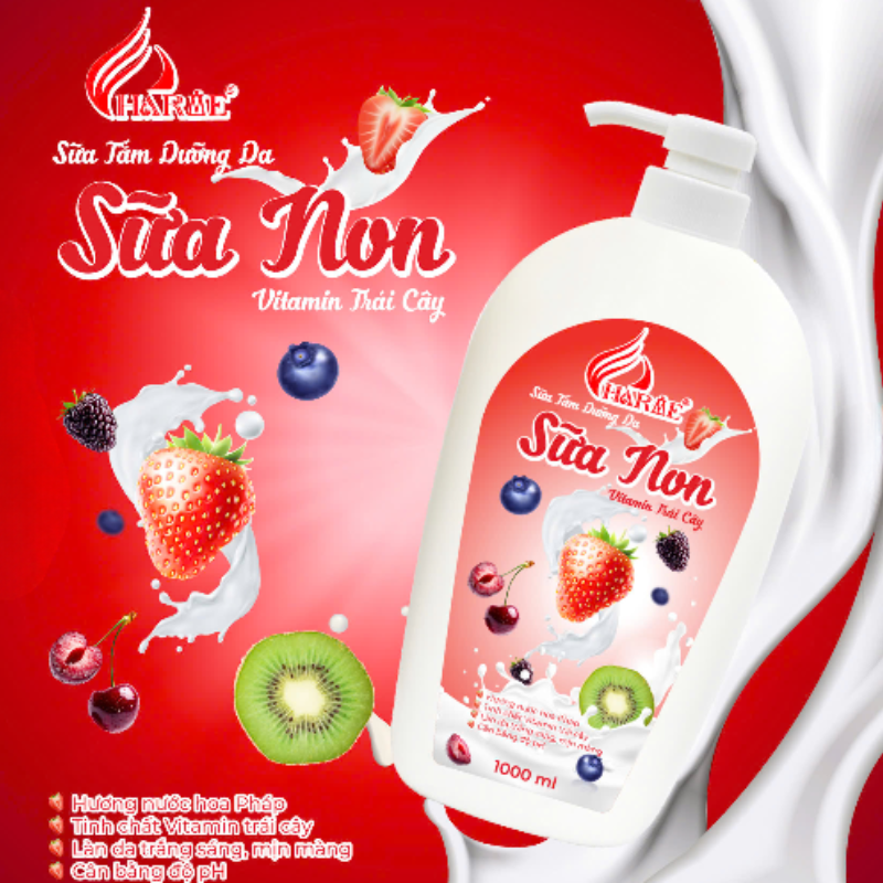 Thiết kế chai vòi nhấn và hình ảnh trái cây trên nhãn