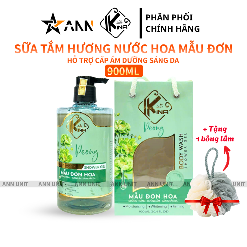 Sữa Tắm Kina Hương Nước Hoa Mẫu Đơn 900ml Tặng 1 Bông Tắm - Hỗ Trợ Cấp Ẩm, Dưỡng Sáng Da Mịn Màng