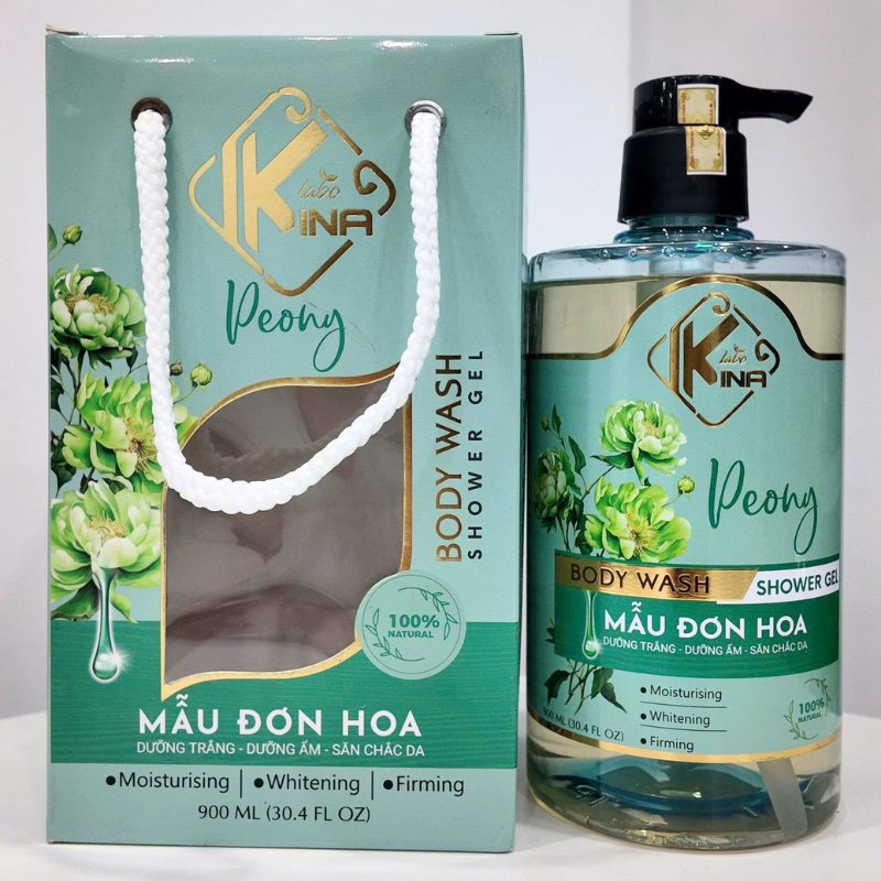 Mặt trước chai và hộp sữa tắm Mẫu Đơn (Peony), dung tích 900ml