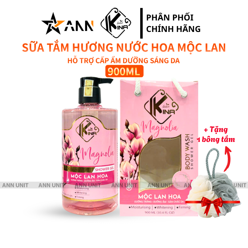 Sữa Tắm Kina Mộc Lan Hoa 900ml Hỗ Trợ Dưỡng Ẩm, Dưỡng Sáng Da Mịn Màng Tặng Kèm 1 Bông Tắm