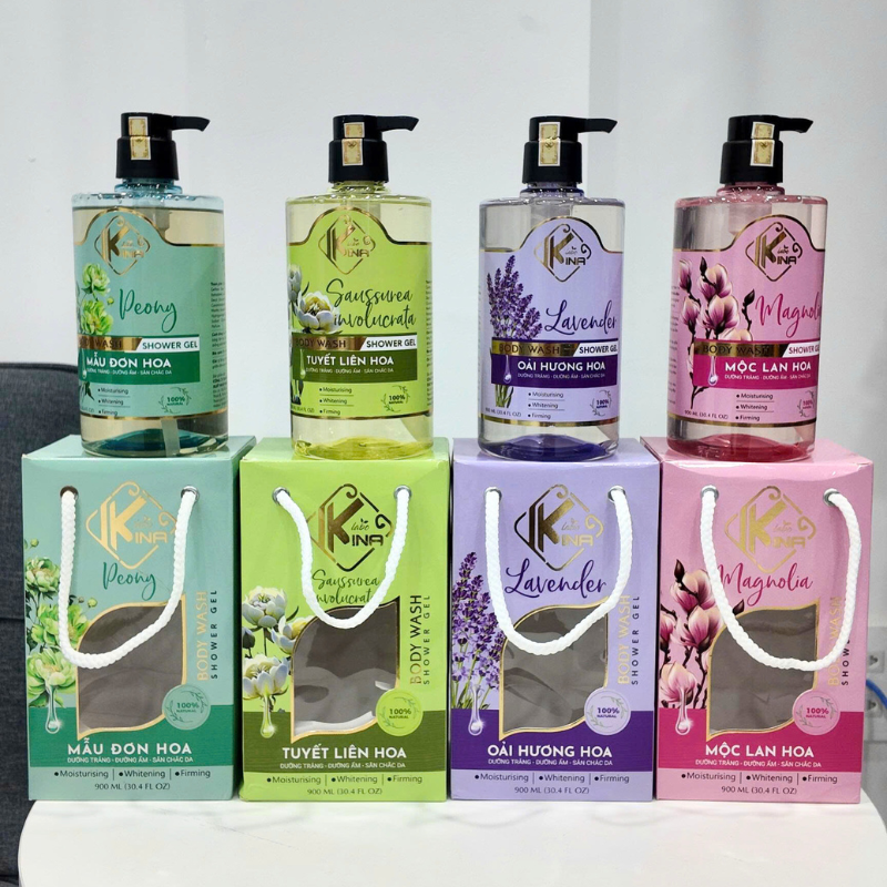Sữa Tắm Kina Mộc Lan Hoa 900ml Hỗ Trợ Dưỡng Ẩm, Dưỡng Sáng Da Mịn Màng Tặng Kèm 1 Bông Tắm
