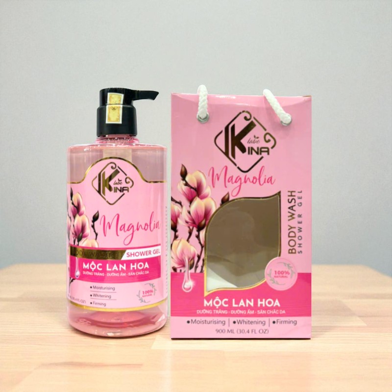 Sữa Tắm Kina Mộc Lan Hoa 900ml Hỗ Trợ Dưỡng Ẩm, Dưỡng Sáng Da Mịn Màng Tặng Kèm 1 Bông Tắm