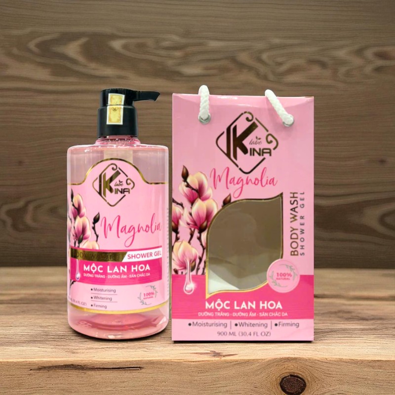 Sữa Tắm Kina Mộc Lan Hoa 900ml Hỗ Trợ Dưỡng Ẩm, Dưỡng Sáng Da Mịn Màng Tặng Kèm 1 Bông Tắm