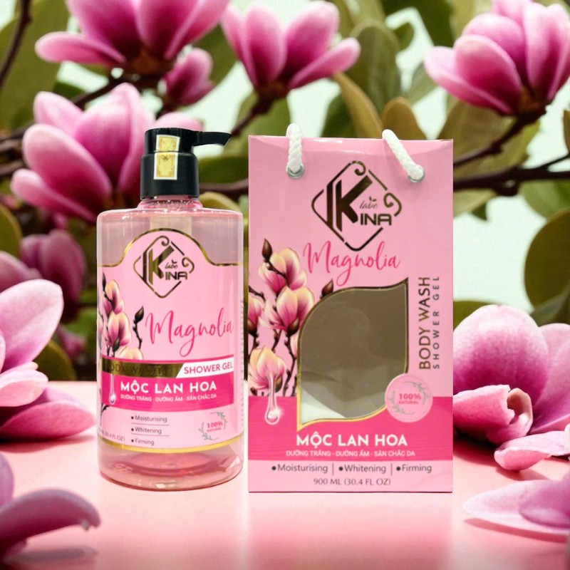 Sữa Tắm Kina Mộc Lan Hoa 900ml Hỗ Trợ Dưỡng Ẩm, Dưỡng Sáng Da Mịn Màng Tặng Kèm 1 Bông Tắm