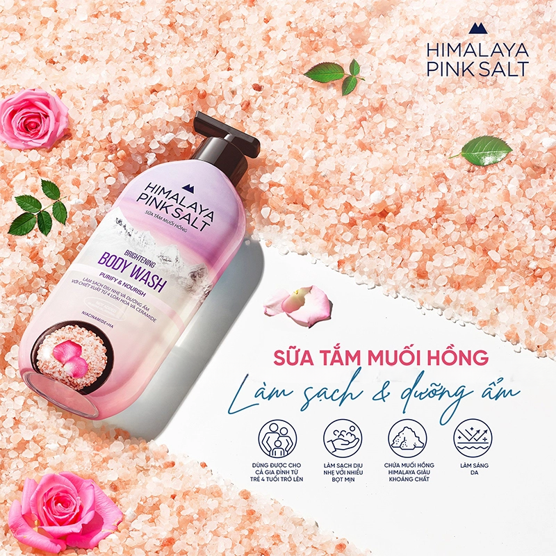 Nhãn Purify & Nourish nổi bật cùng nền muối hồng và hoa hồng