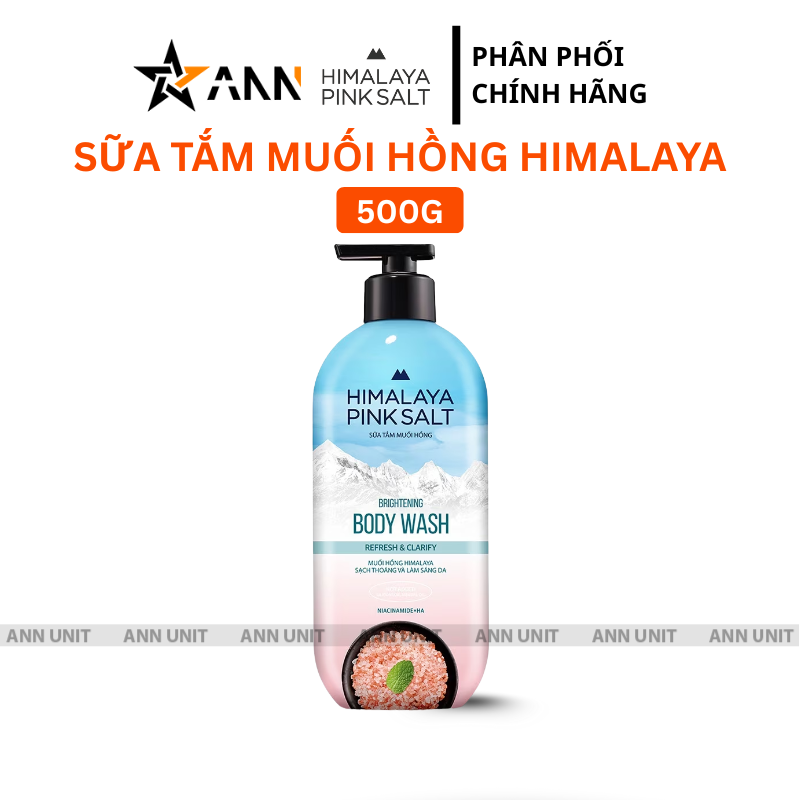 Ảnh chai 500g với nhãn sữa tắm muối hồng nổi bật trên nền sáng.
