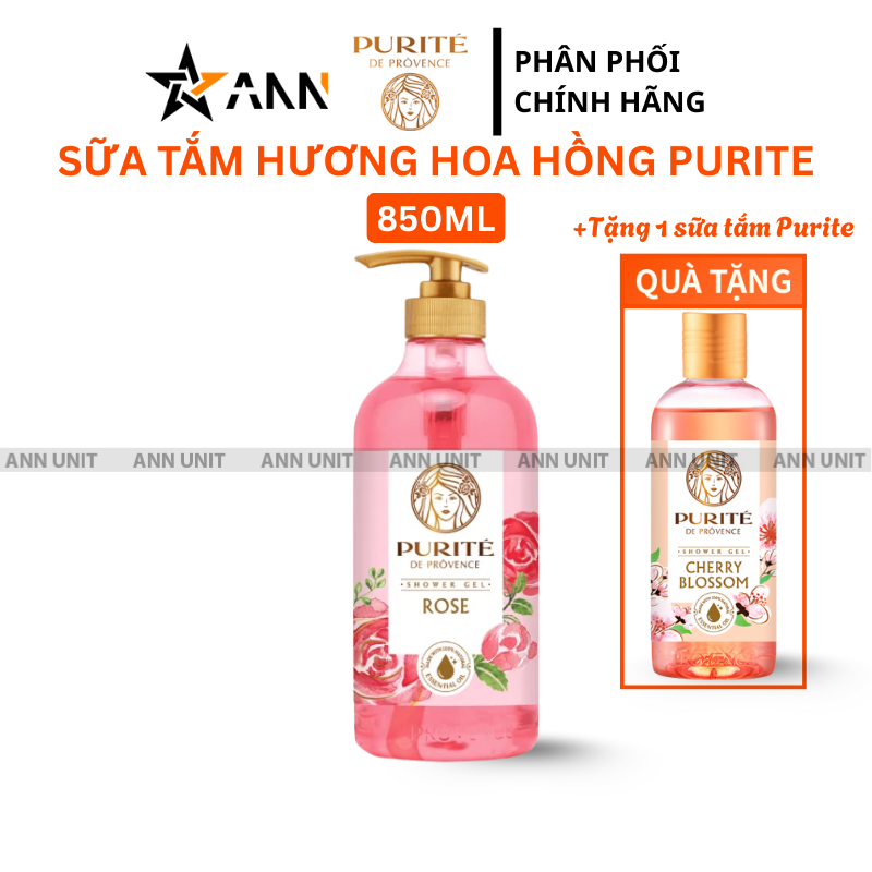 Sữa Tắm Purite Hương Hoa Hồng Rose 850ml (1 Chai) - Tặng 1 Chai Sữa Tắm Hương Hoa Anh Đào Cherry Blossom