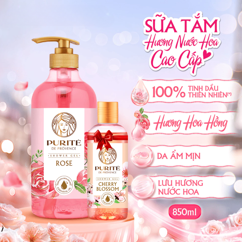 Hình minh họa phiên bản Rose 850ml và chai tặng Cherry Blossom, kèm các điểm nhấn về hương thơm.