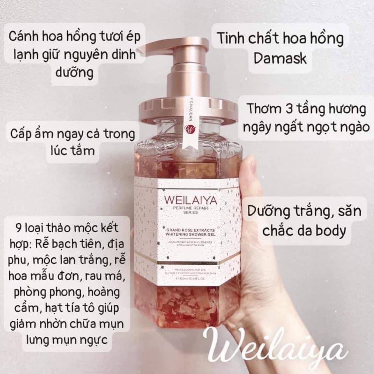 Sữa tắm cánh hoa hồng Weilaiya Grand Rose Extracts Whitening Shower Gel 450ml