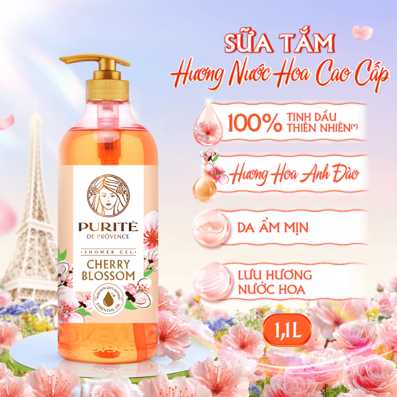 Hình chai sữa tắm hương hoa anh đào dung tích 1,1 lít