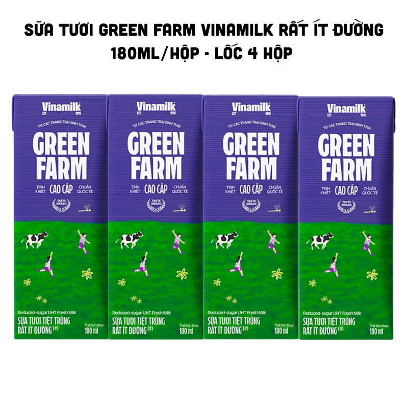 Sữa Tươi Tiệt Trùng Green Farm Rất Ít Đường Vinamilk 180ml/Hộp - Lốc 4 Hộp