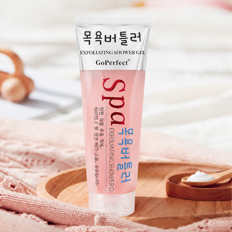 Hình ảnh tổng thể tuýp gel tắm tẩy tế bào chết màu hồng