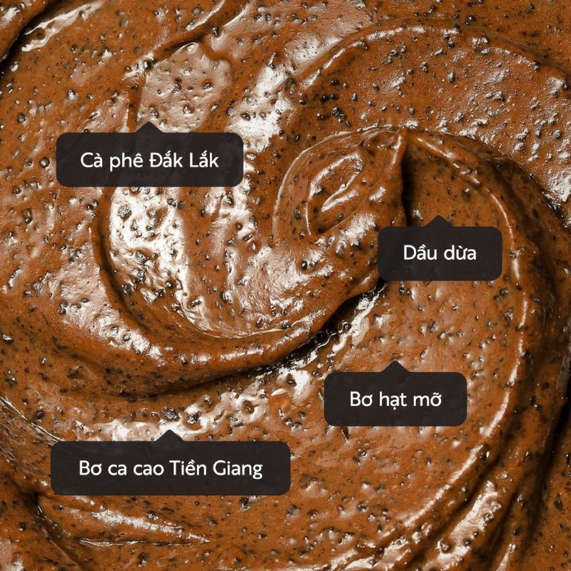 Kết cấu scrub cà phê với các thành phần nổi bật như cà phê, dầu dừa, bơ ca cao, bơ hạt mỡ