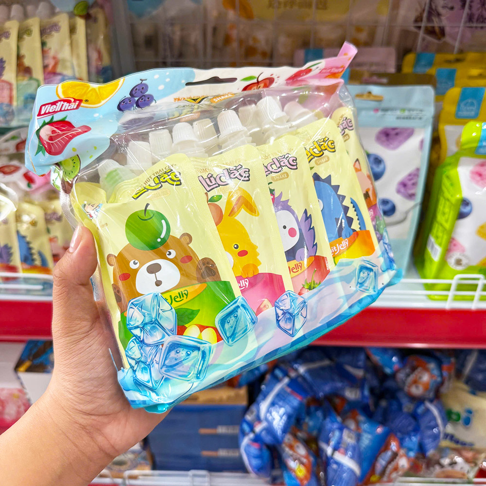 Mặt trước túi lớn với nhiều gói thạch nhỏ bên trong
