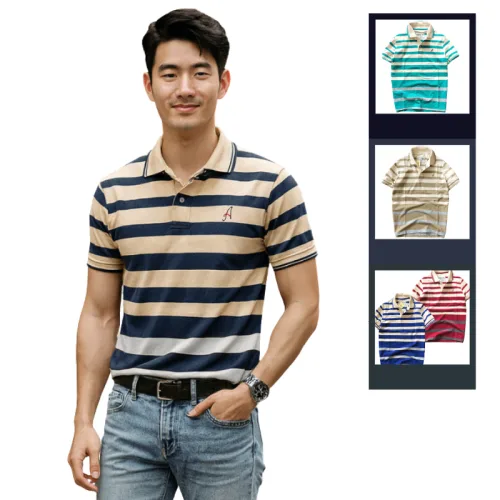 Áo cổ bẻ sọc ngang thêu chữ A( giá mới)